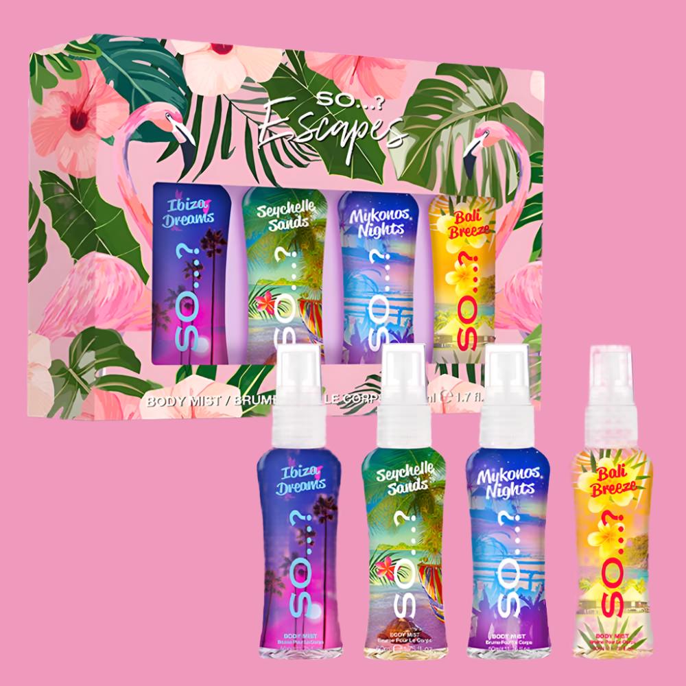 So..? Coffret 4 Mini Brumes Escape 50ml - Ibiza, Mykonos, Bali, Seychelle (Pré commande)